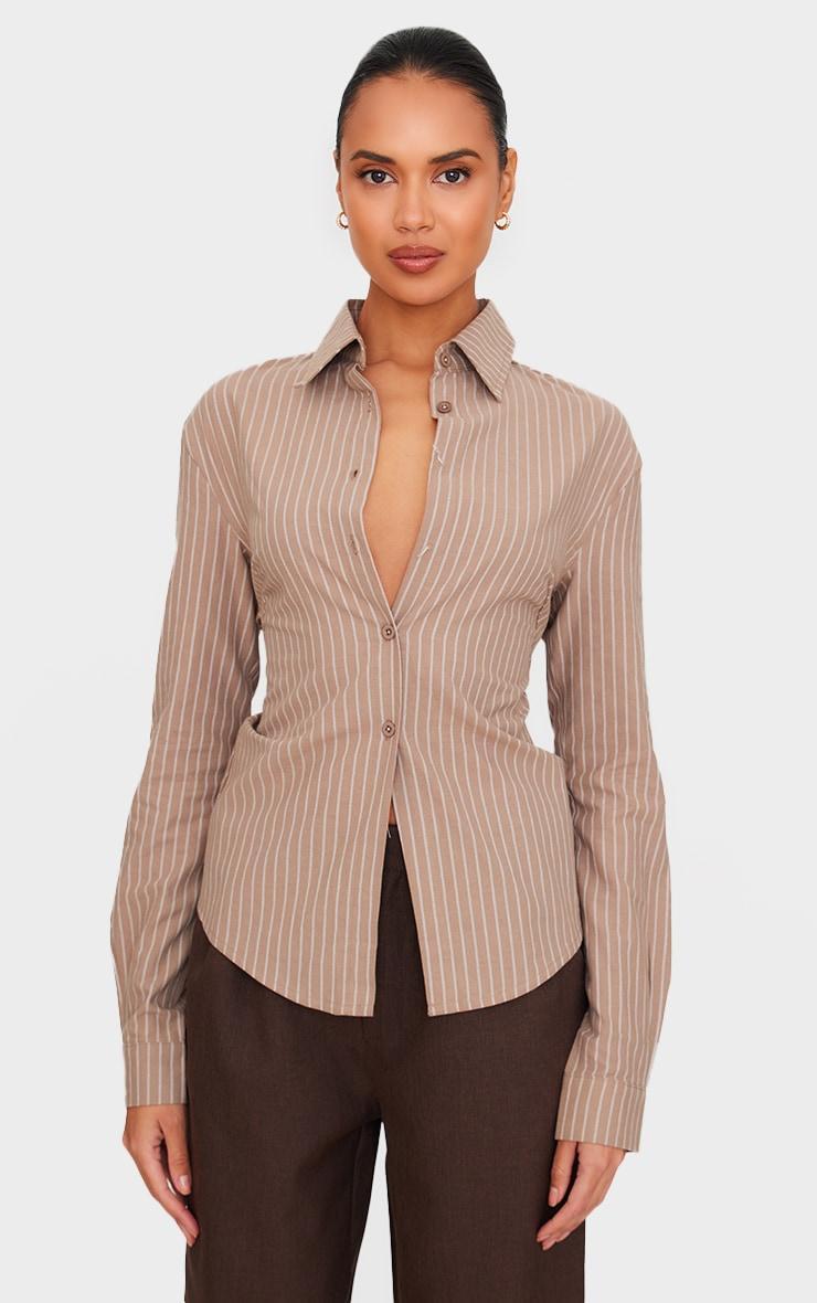 Taupe Striped Fitted Open Tie Back Shirt Product Image