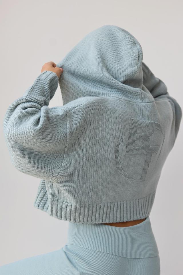 Cropped Zip-Up Chunky Knit Hoodie in Dusty Teal Product Image