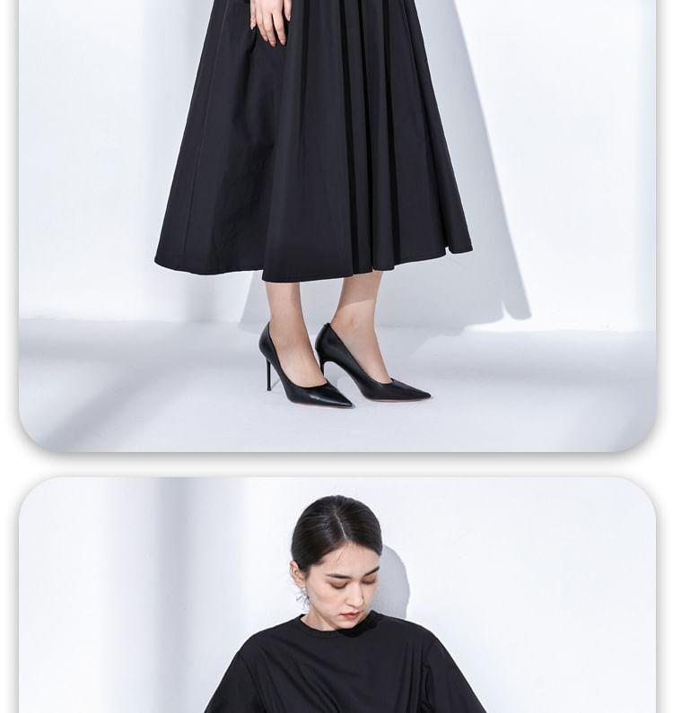 Long-Sleeve Crew Neck Plain Ruched Midi A-Line Dress Product Image