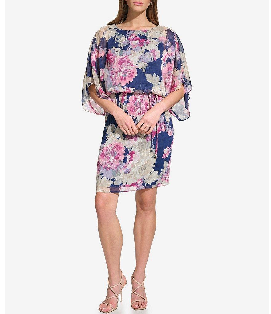 Jessica Howard Petite Size 3/4 Sleeve Boat Neck Tie Waist Floral Blouson Dress Product Image