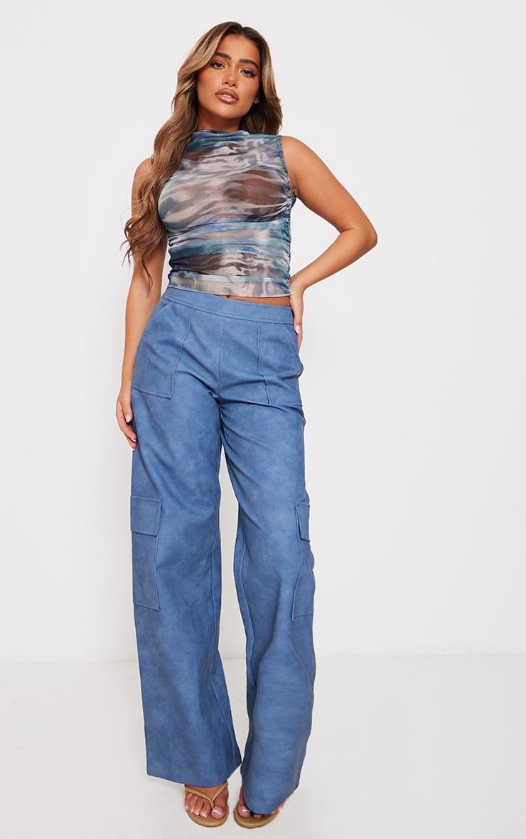 Blue Multi Printed Mesh Ruched Sides High Neck Long Top Product Image