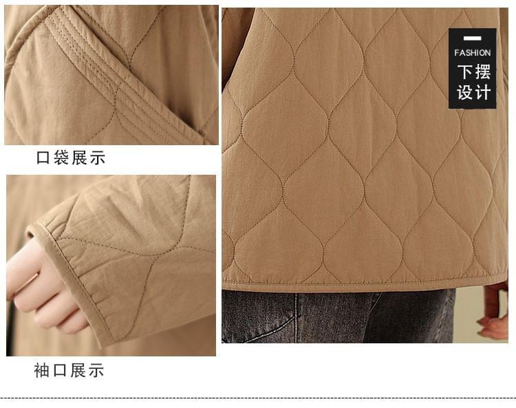 Crew Neck Plain Quilted Button-Up Jacket Product Image