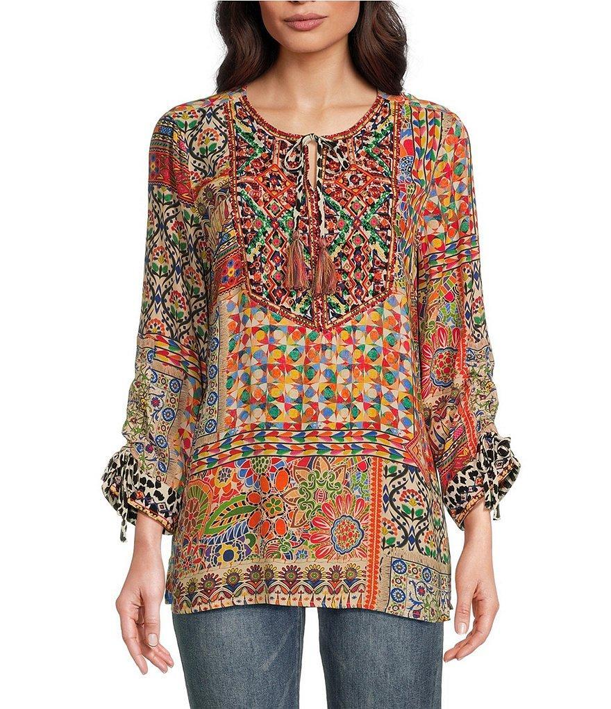 John Mark Woven Mixed Print Embroidered Split V Neck 3/4 Sleeve Tassel Tie Pullover Tunic Product Image