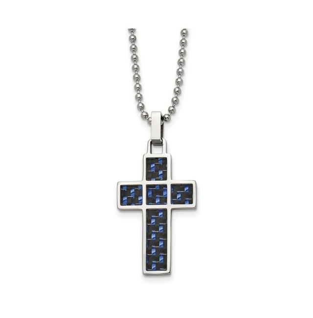 Chisel Black and Blue Carbon Fiber Inlay Cross Pendant Ball Chain Necklace Product Image