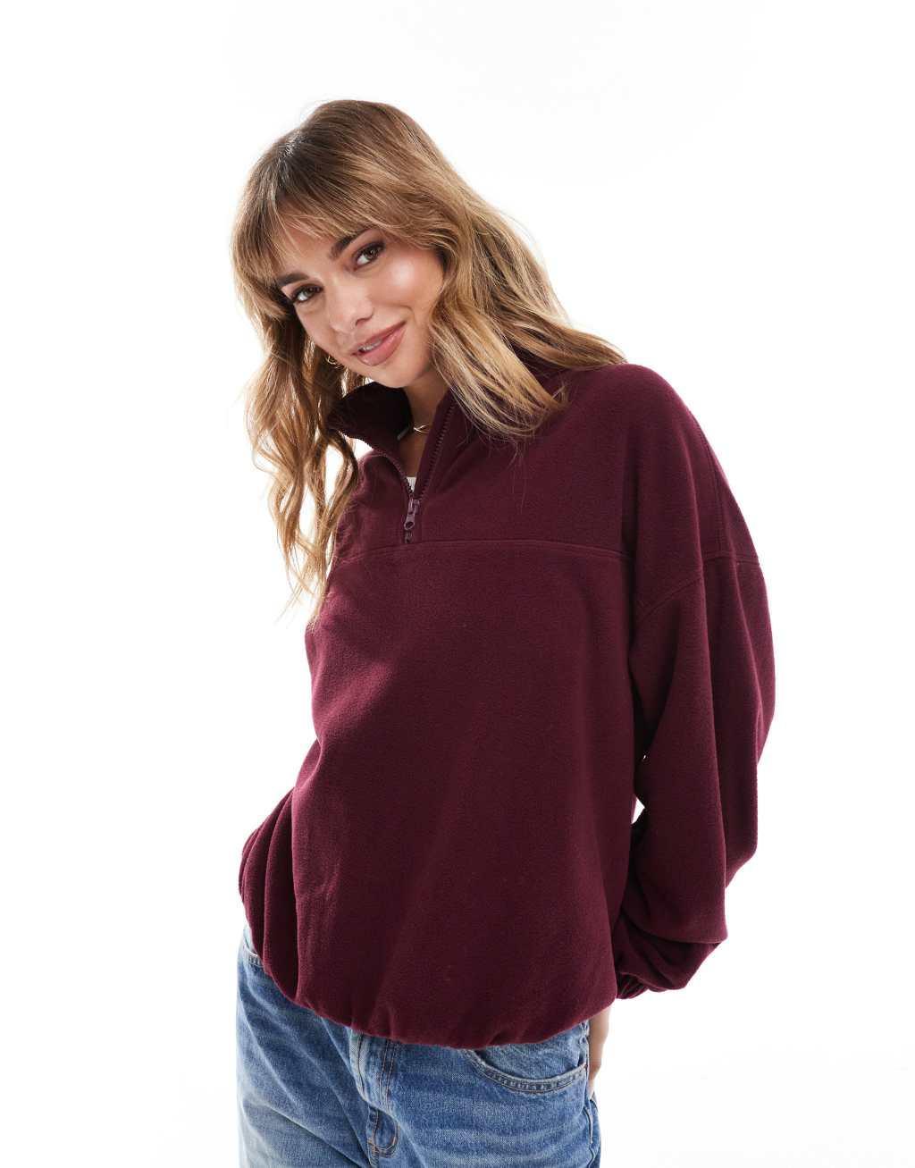 ASOS DESIGN half zip fleece in burgundy Product Image