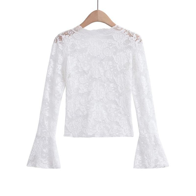 Long Sleeve V-Neck Floral Lace Crop Top Product Image