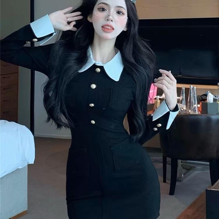 Long-Sleeve Collared Button Accent Contrast Trim Mini Sheath Dress Product Image