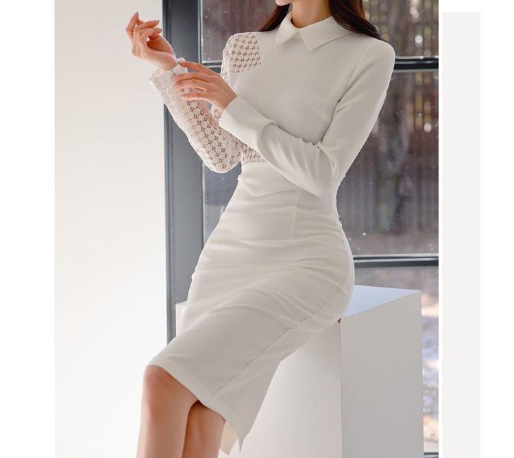 Long-Sleeve Collar Plain Lace Panel Slit Sheath Dress Product Image