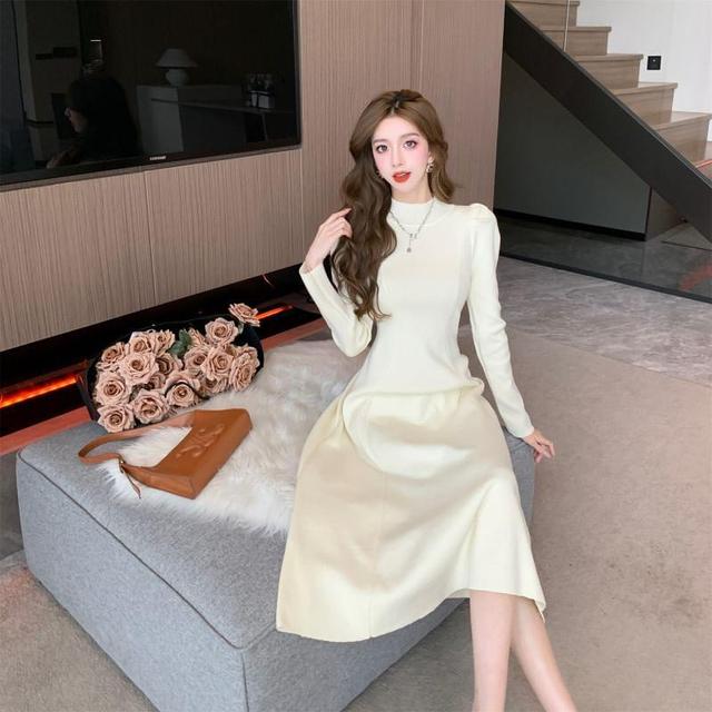 Long-Sleeve Mock Neck Plain Midi A-Line Knit Dress Product Image