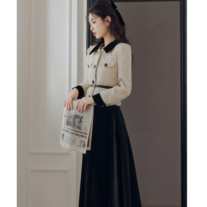 Set: Collar Two Tone Tweed Button Jacket + High Rise Plain Velvet Midi A-Line Skirt + Belt Product Image