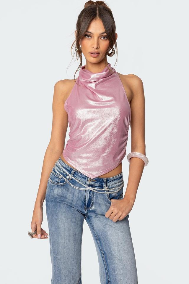 Shiny Backless Cowl Neck Top Product Image