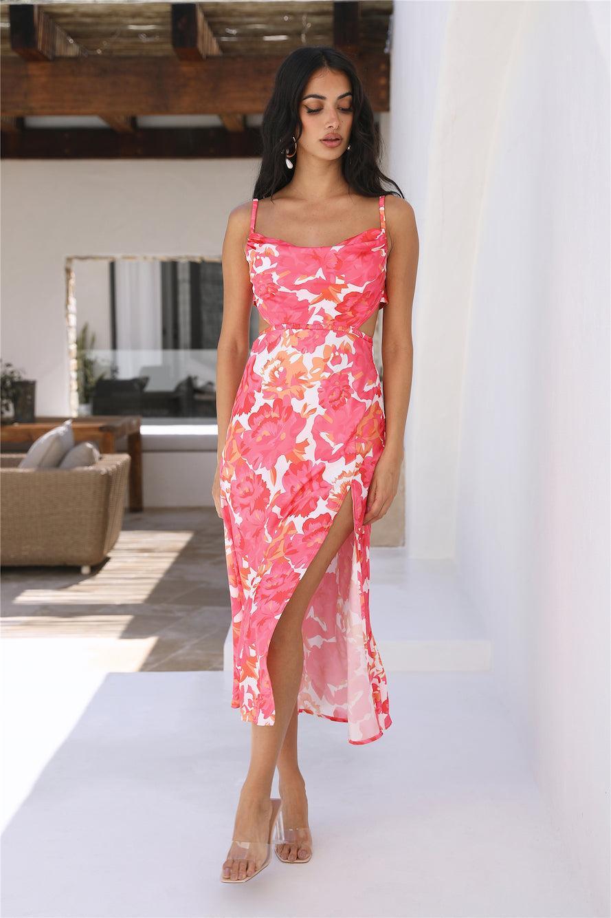 Friends Are Here Satin Midi Dress Pink  Product Image