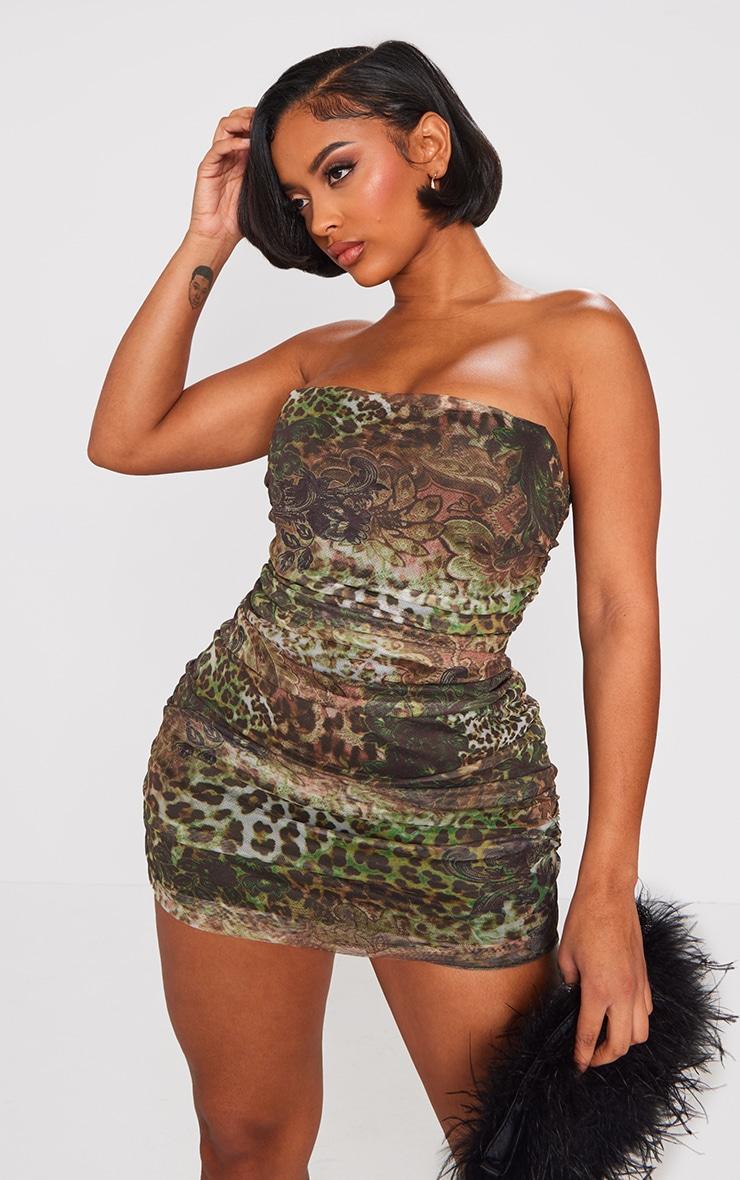 Shape Green Leopard Print Mesh Corset Detail Ruched Bodycon Dress Product Image