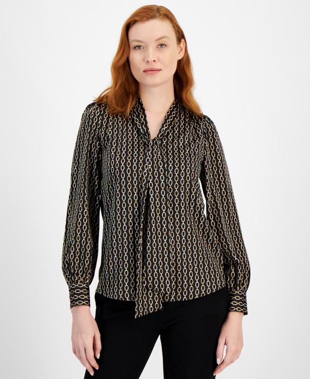 Anne Klein Womens Chain-Print Tie-Neck Blouse Product Image