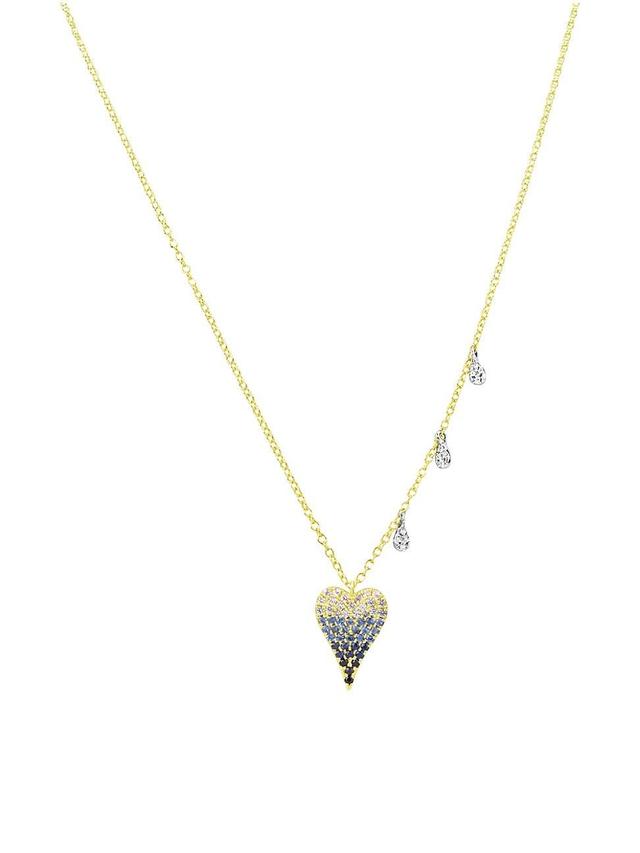 Womens 14K Yellow Gold, Blue Sapphire, & Diamond Heart Pendant Necklace Product Image