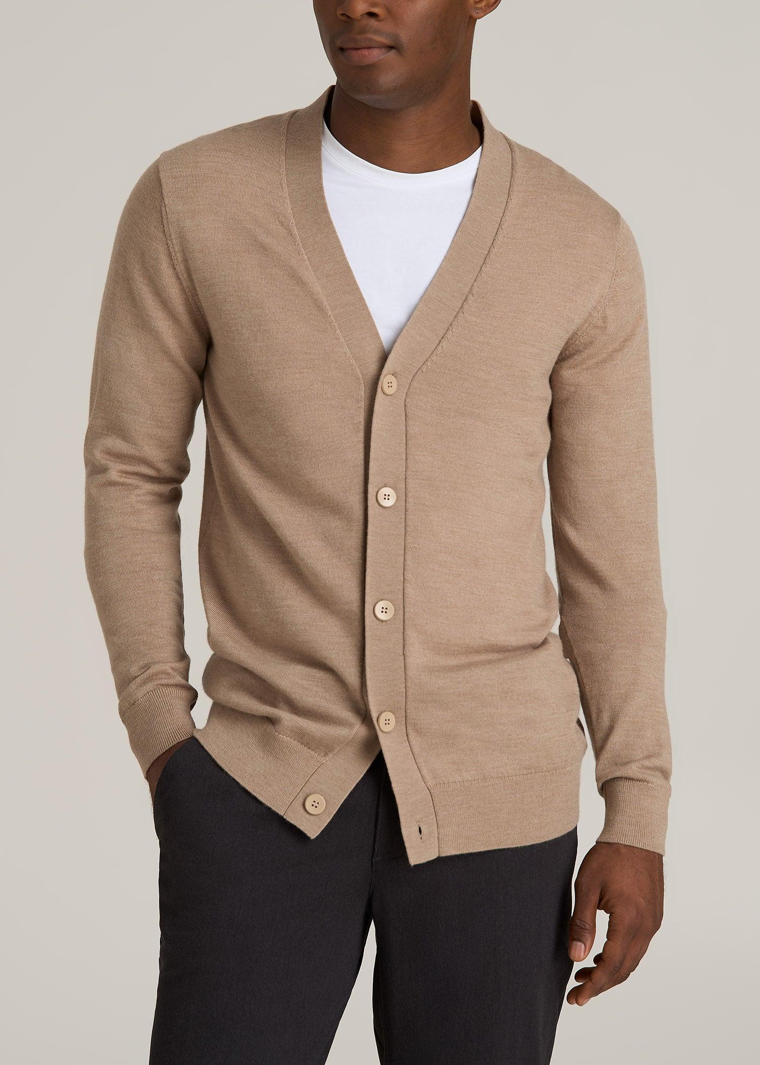 Merino Wool Cardigan Sweater for Tall Men in Oat Product Image