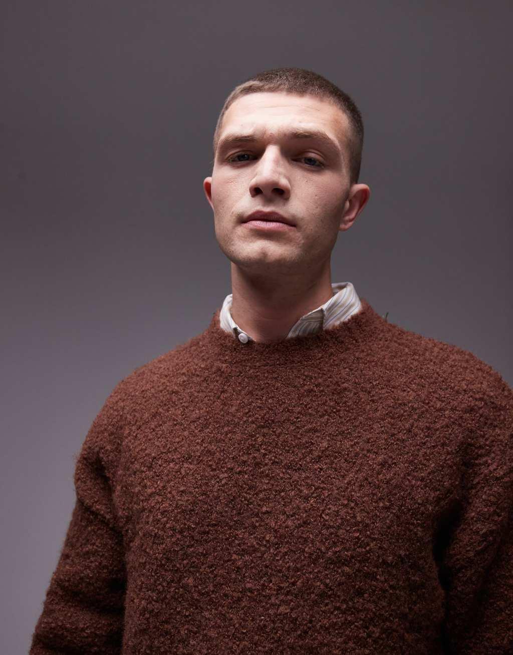 Topman relaxed fit boucle sweater in brown Product Image