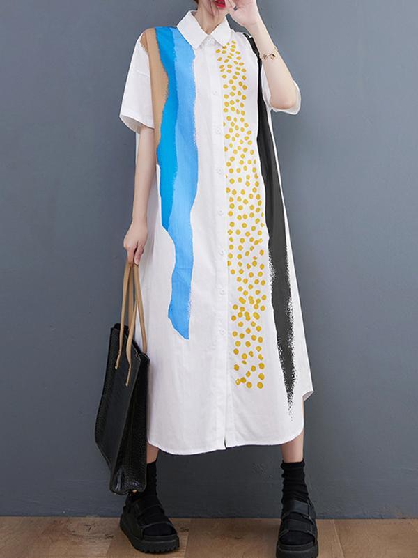 Artistic Retro Short Sleeves Loose Contrast Color Polka-Dot Lapel Collar Midi Shirt Dress Product Image