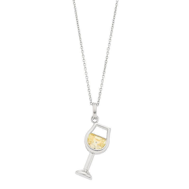 Sterling Silver Cubic Zirconia Wine Glass Pendant Necklace, Womens White Product Image