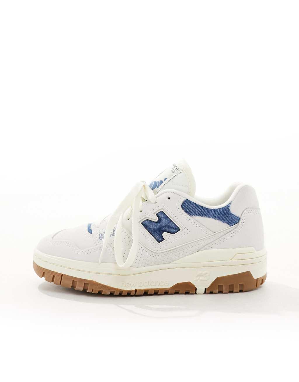 New Balance 550 gum sole sneakers in white with denim blue detail Product Image