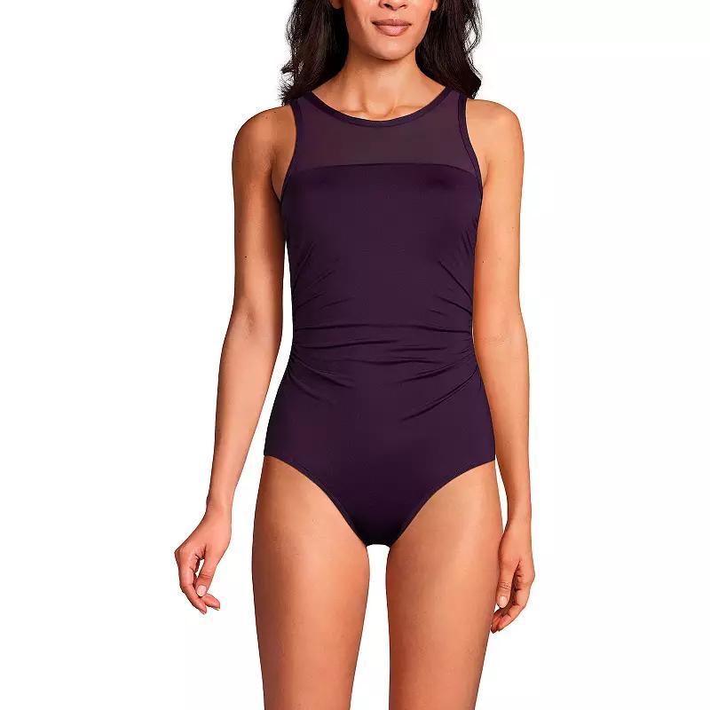 Womens Lands End Mesh High Neck Back Cutout Tummy Slimming One-Piece Swimsuit Product Image