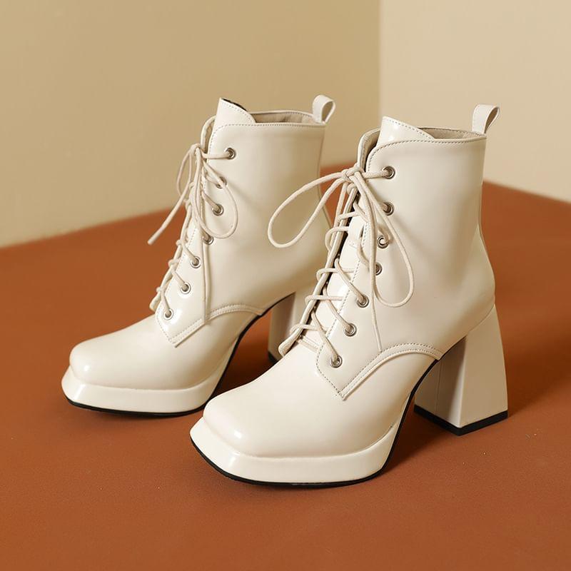 Block Heel Plain Lace-Up Short Boots Product Image