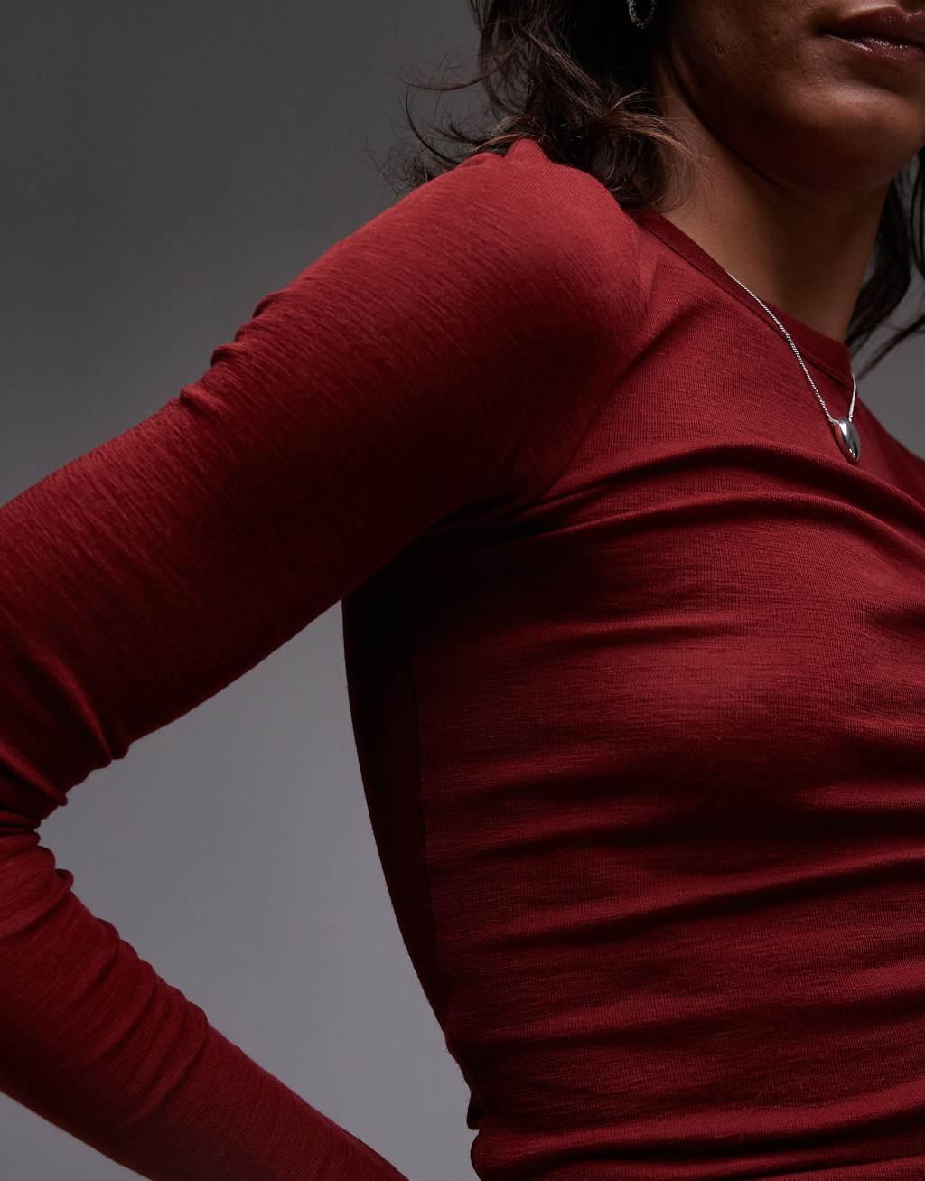 ARKET merino wool knit ribbed long sleeve top with scoop neck in red Product Image