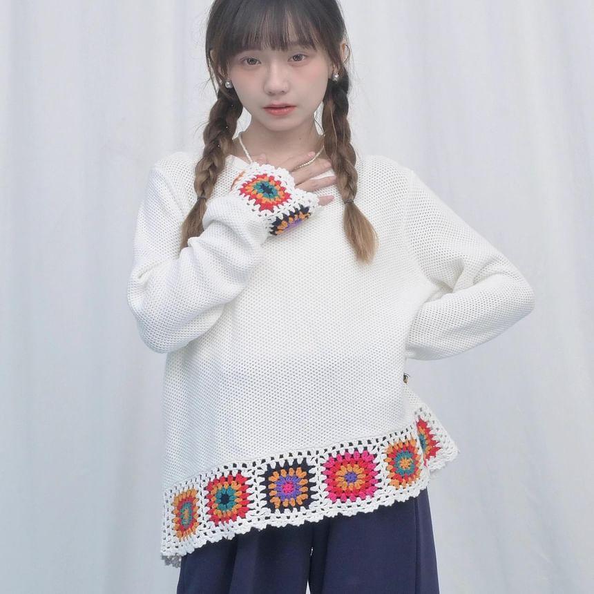 Long-Sleeve Crew Neck Crochet Knit Top Product Image