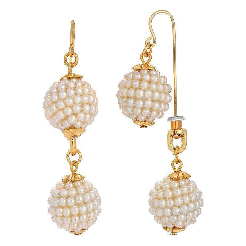 1928 Gold Tone Simulated Pearl Ball Front-Back Drop Earrings, Womens, White Product Image