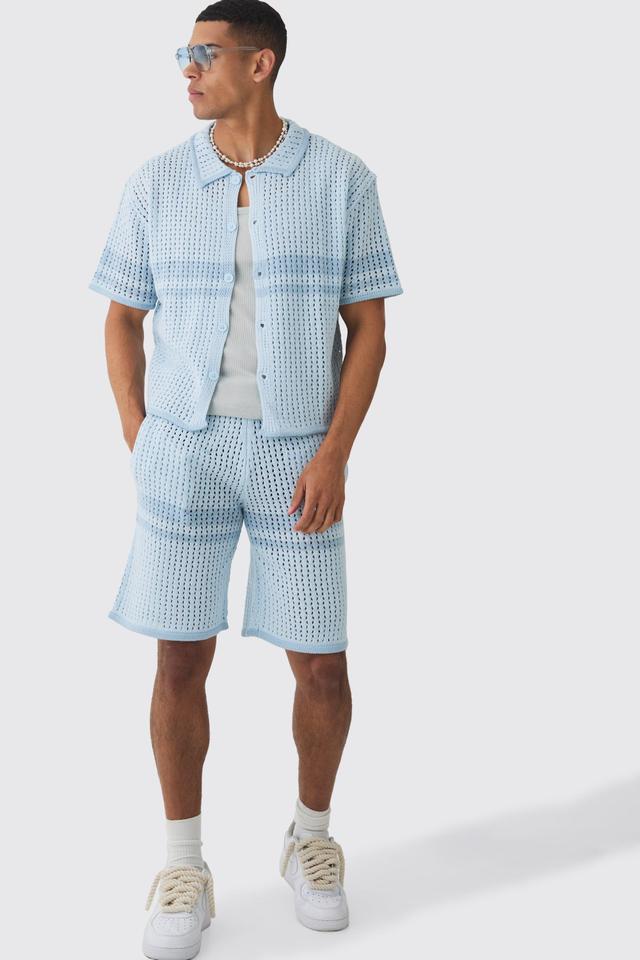 Oversized Boxy Open Stitch Colour Block Shirt & Short Set | boohooMAN USA Product Image