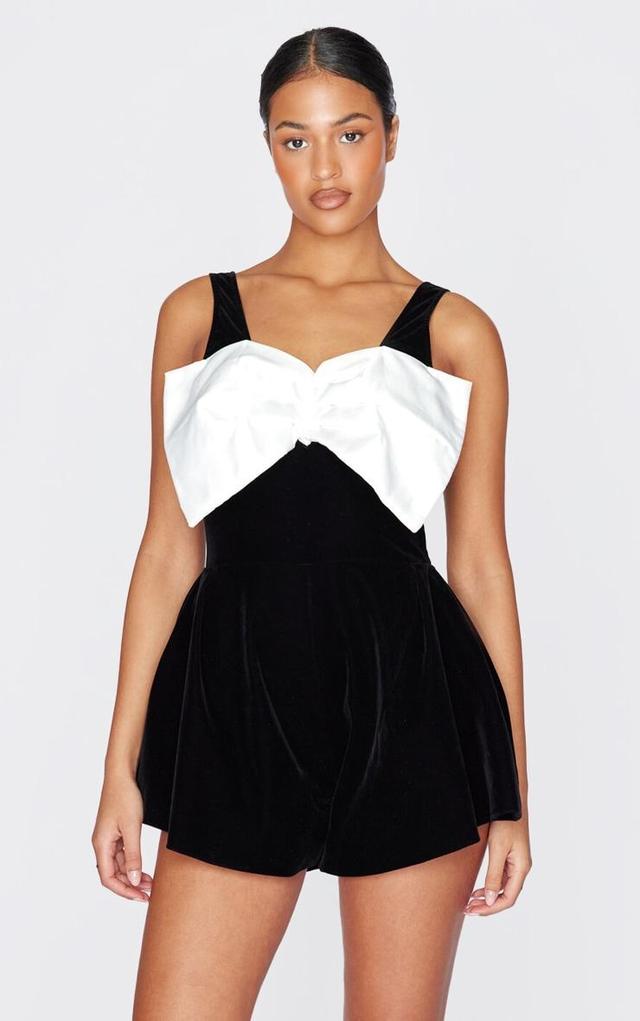 Tall Black Velvet Sleeveless Bow Detail Romper Product Image