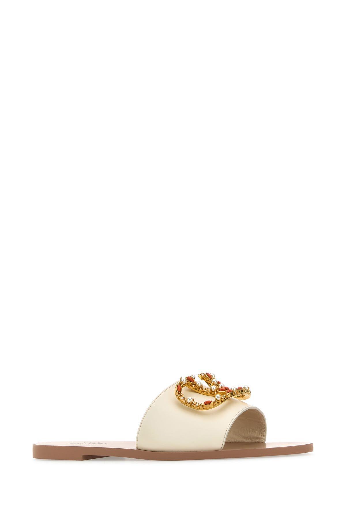 VALENTINO GARAVANI Leather Vlogo Open Toe Slippers In Cream Product Image