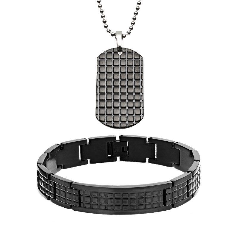 Two Tone Stainless Steel Textured Dog Tag and Bracelet Set - Men, Mens Grey Product Image