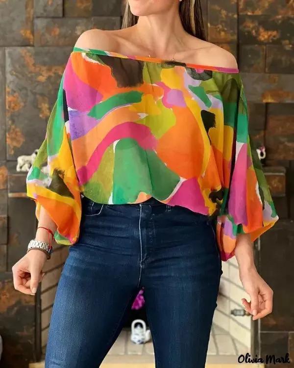 Olivia Mark – Lantern Sleeve Printed Off Shoulder Top Product Image