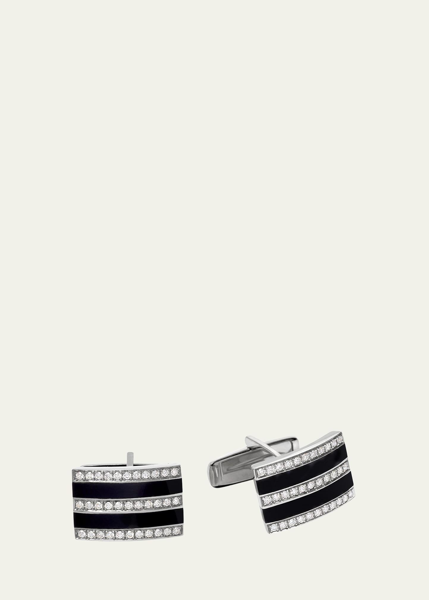 Mens Onyx and Diamond Striped Cufflinks in 14K White Gold Product Image