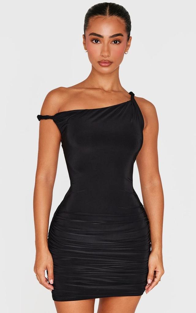 Petite Black Double Slinky Asymmetric Neckline Twist Detail Mini Dress Product Image