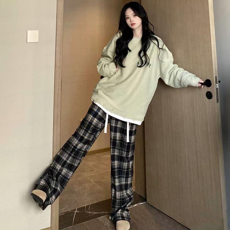 High Waist Plaid Wide Leg Pants Product Image