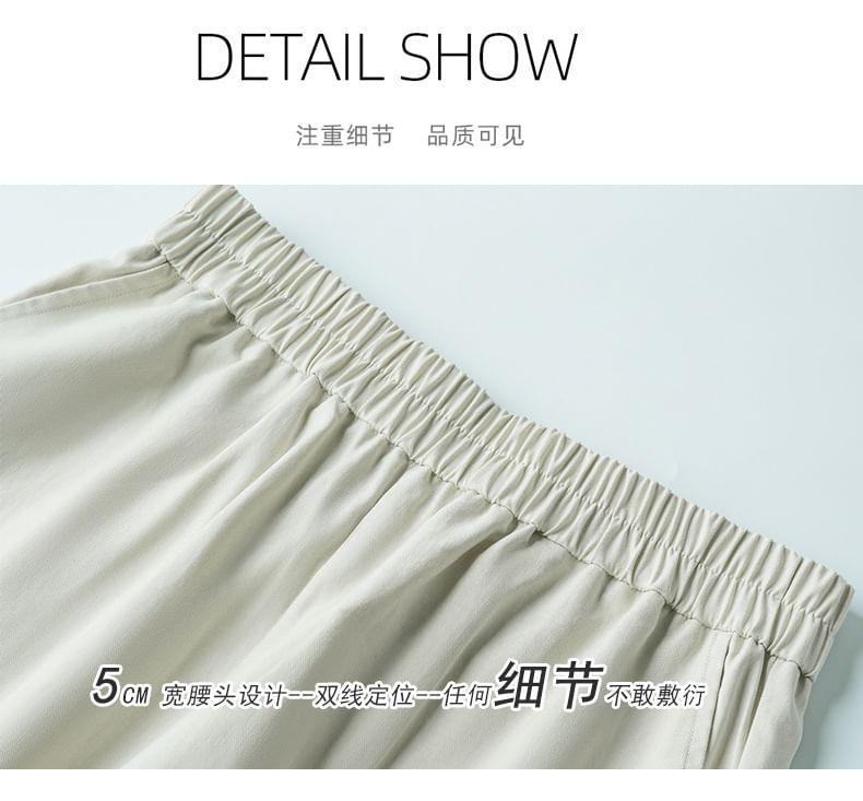 Elastic Waist Plain Roll Up Hem Cropped Wide Leg Pants Product Image