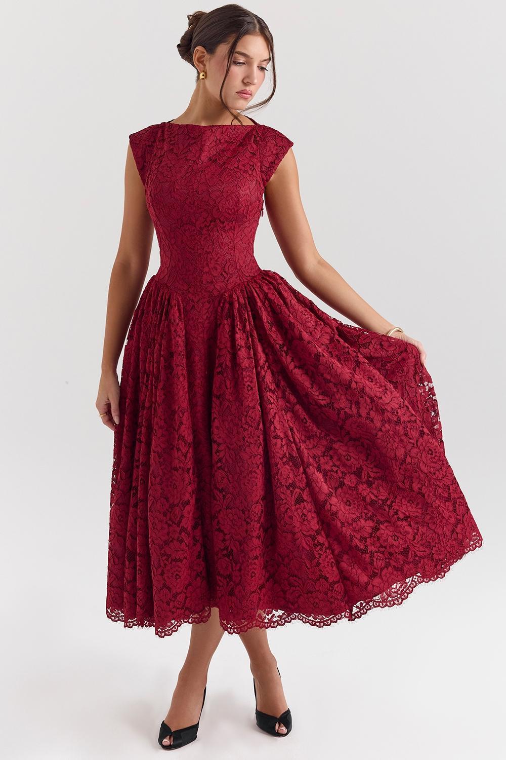 Debutante Berry Lace Backless Midi Dress Product Image