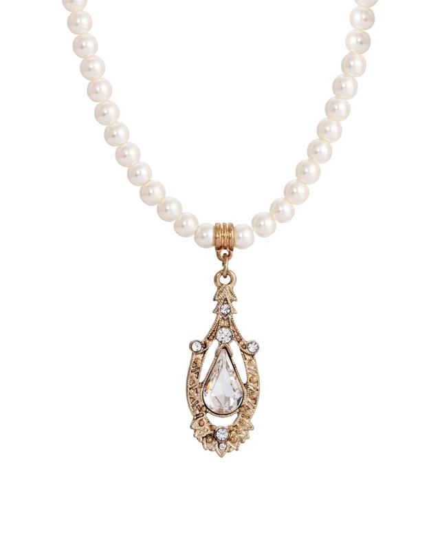 1928 Gold Tone Crystal Pear-Shaped Pendant Simulated Pearl Necklace, Womens Product Image