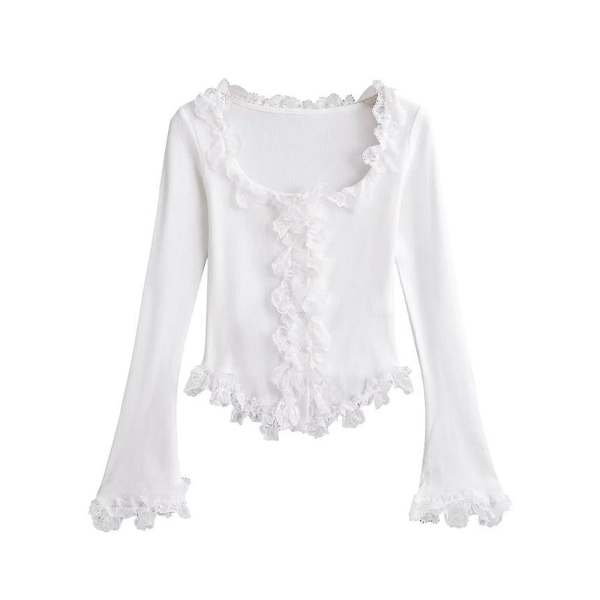 Long-Sleeve Scoop Neck Frill Trim Plain Top Product Image