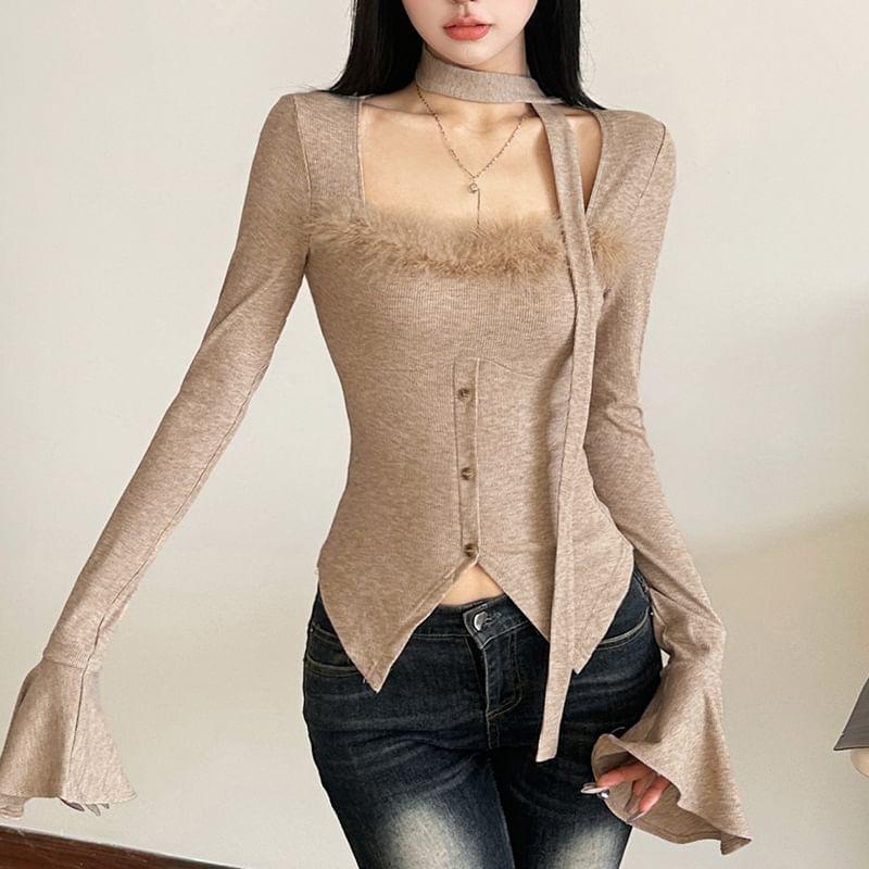 Bell Sleeve Square-Neck Furry-Trim Plain Slim-Fit Crop Top Product Image