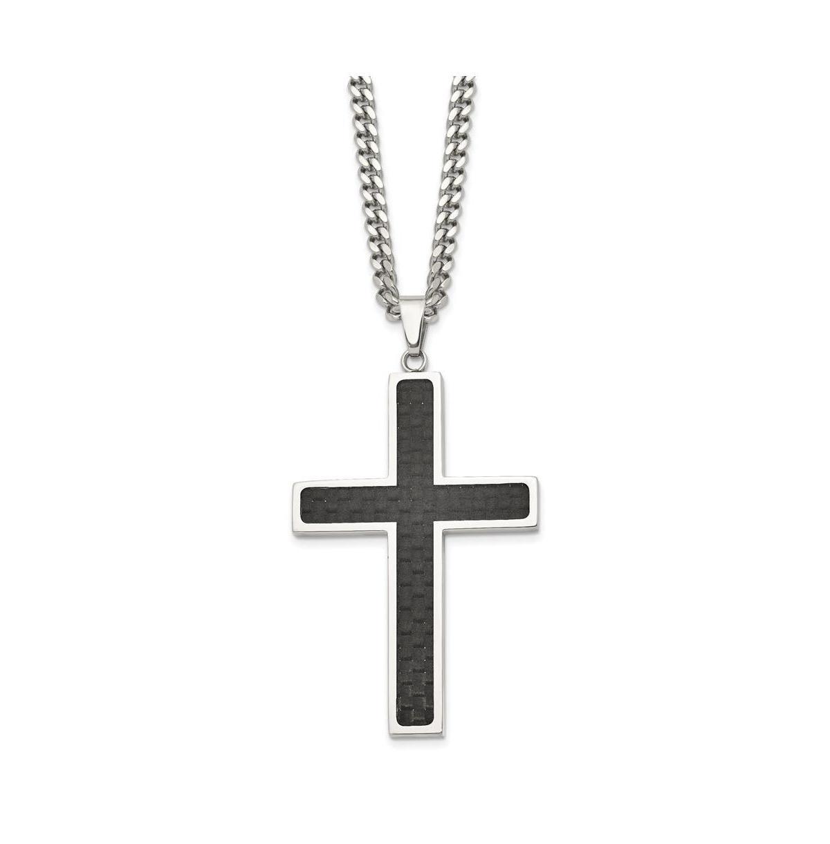 Chisel Black Carbon Fiber Inlay Cross Pendant Curb Chain Necklace Product Image