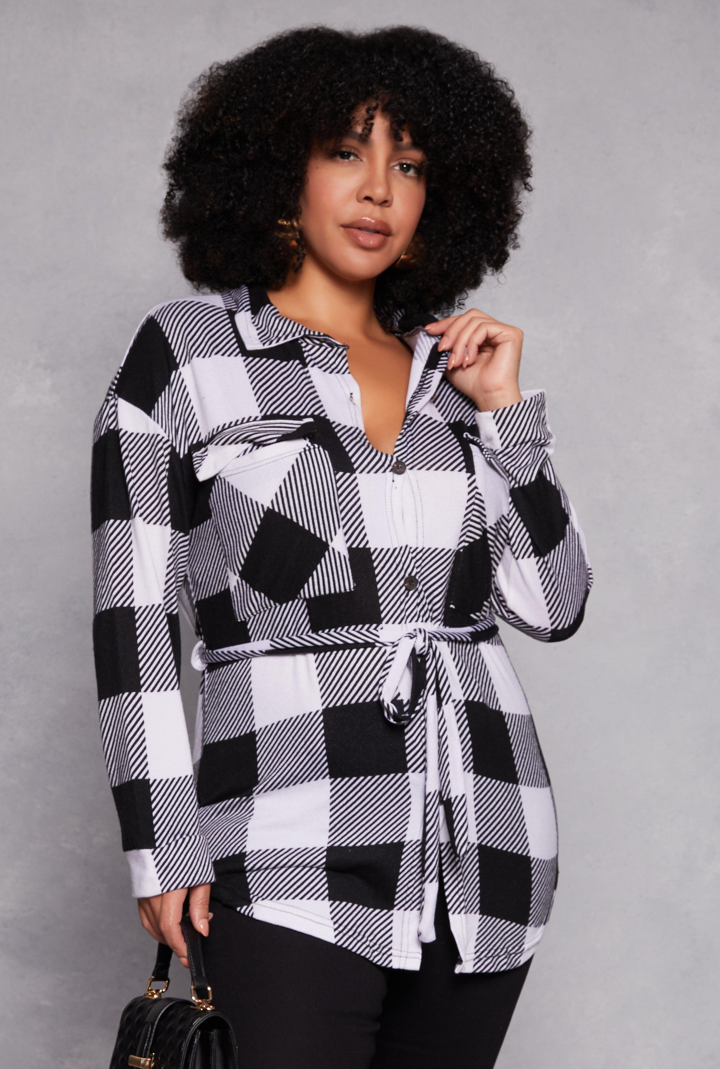 Womens Plus Size Buffalo Plaid Tie Waist Belted Shirt Product Image