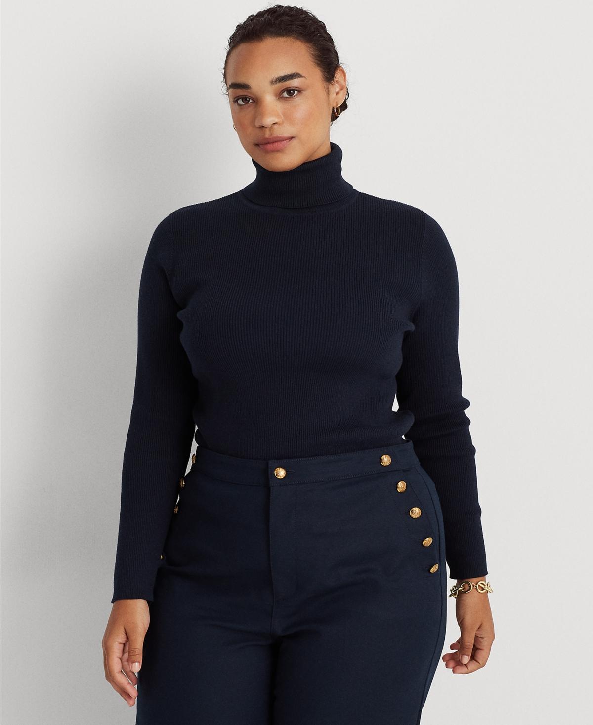 Lauren Ralph Lauren Plus-Size Ribbed Turtleneck Sweater (Lauren Navy) Women's Clothing Product Image