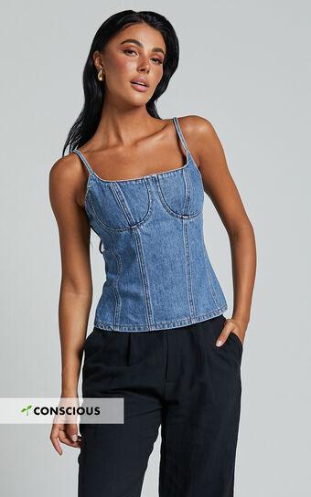 Mckenna Top - Strappy Bustier Denim Top in Mid Blue Wash product image