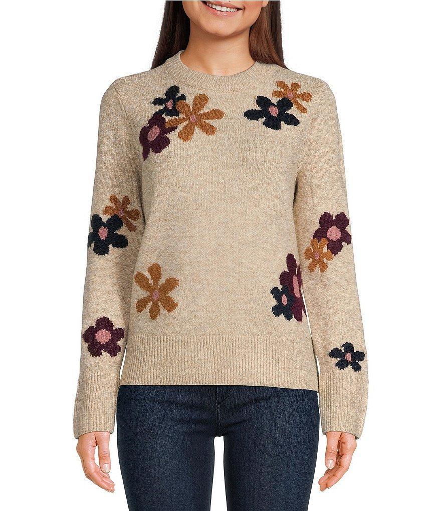 CeCe Long Sleeve Crew Neck Floral Intarsia Sweater Product Image