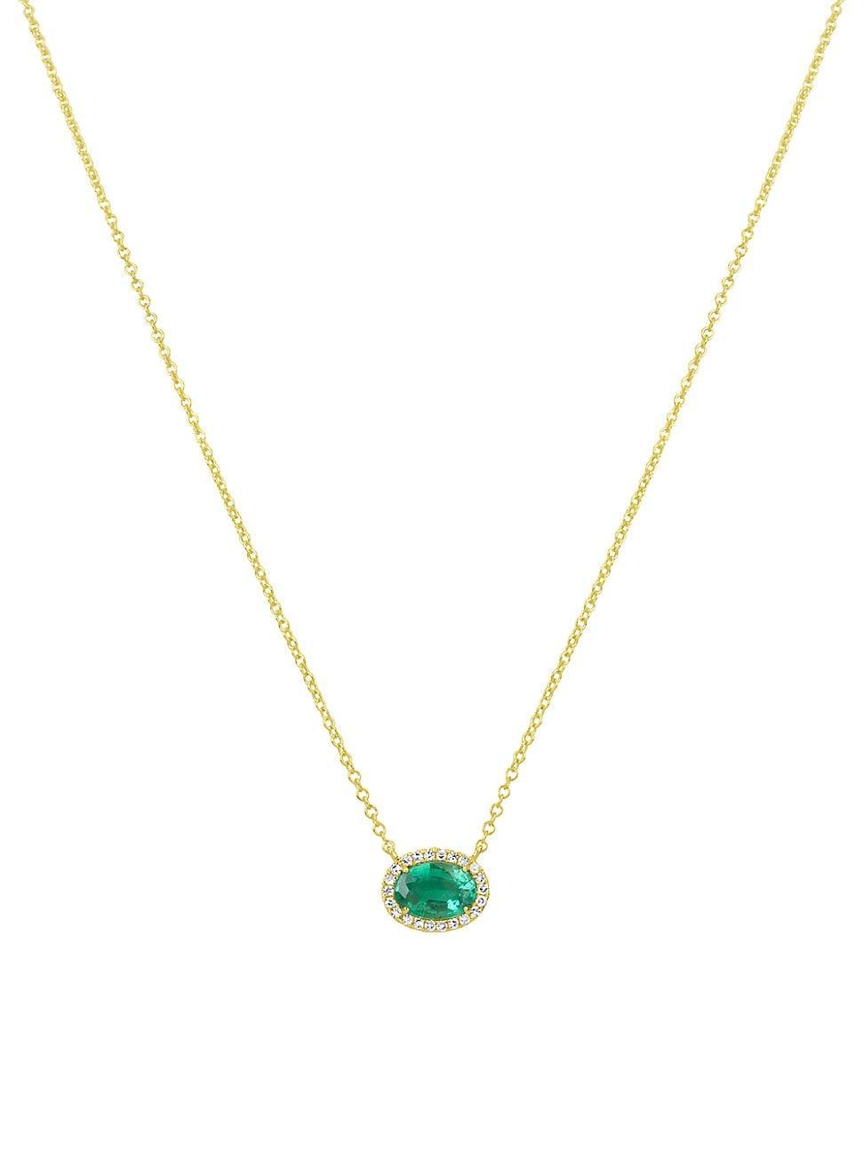 Womens 14K Yellow Gold, Emerald, & Diamond East-West Oval Pendant Necklace Product Image