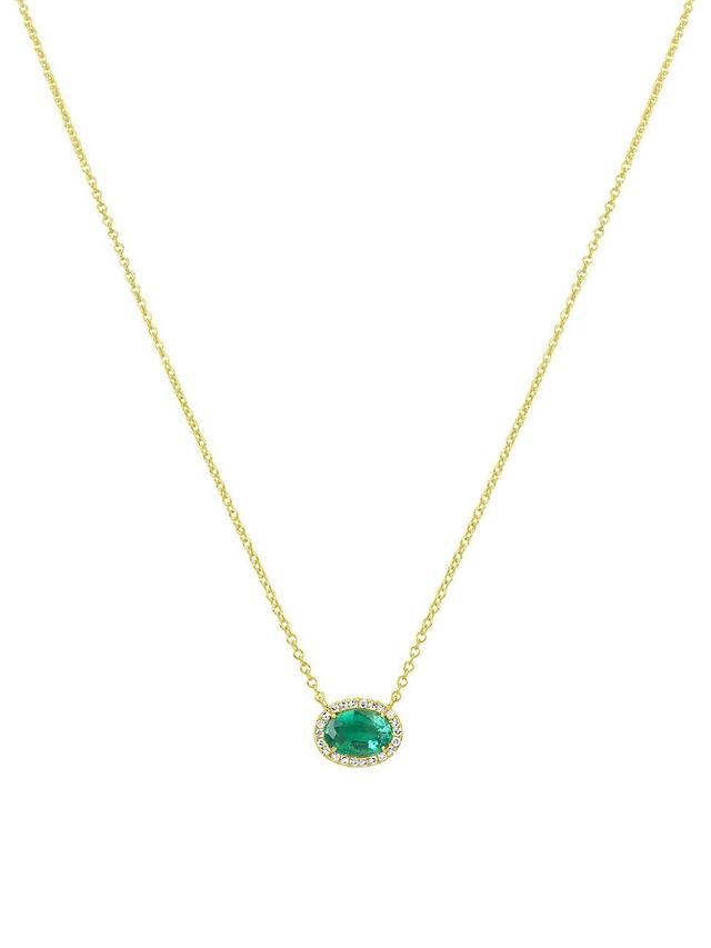 Womens 14K Yellow Gold, Emerald, & Diamond East-West Oval Pendant Necklace Product Image