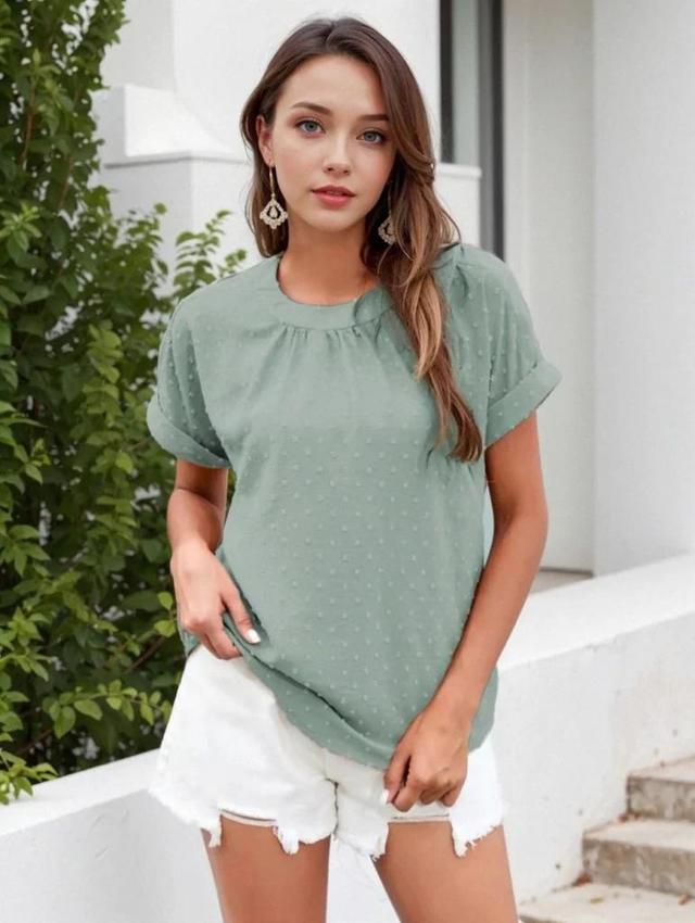 Olivia Mark –  Elegant Short-Sleeved Jacquard Chiffon Blouse – Loose-Fit Design in a Classic Solid Color Product Image